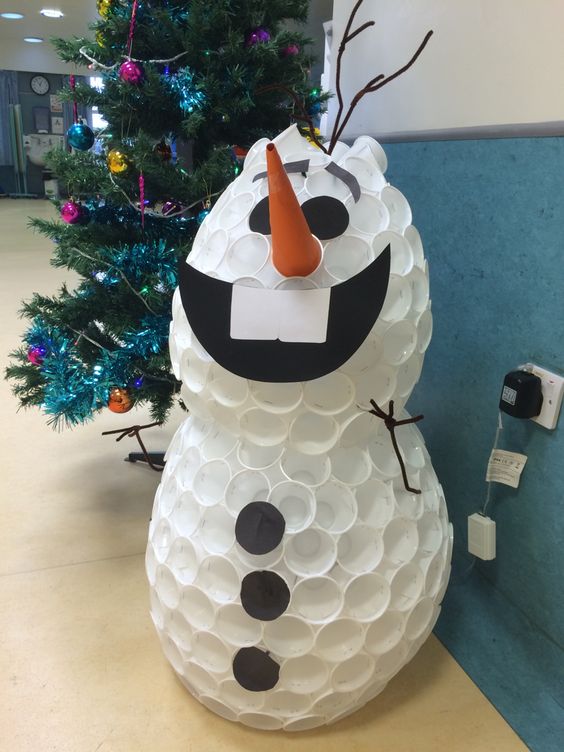 Plastic cup snowman turned into Olaf
