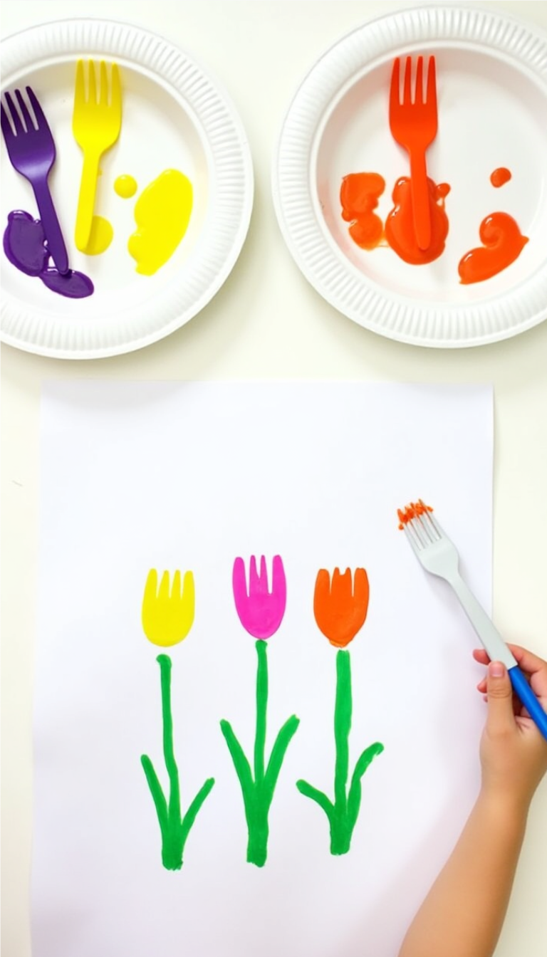 Child using plastic forks and paint to stamp colorful tulip flowers on paper for a spring kids craft