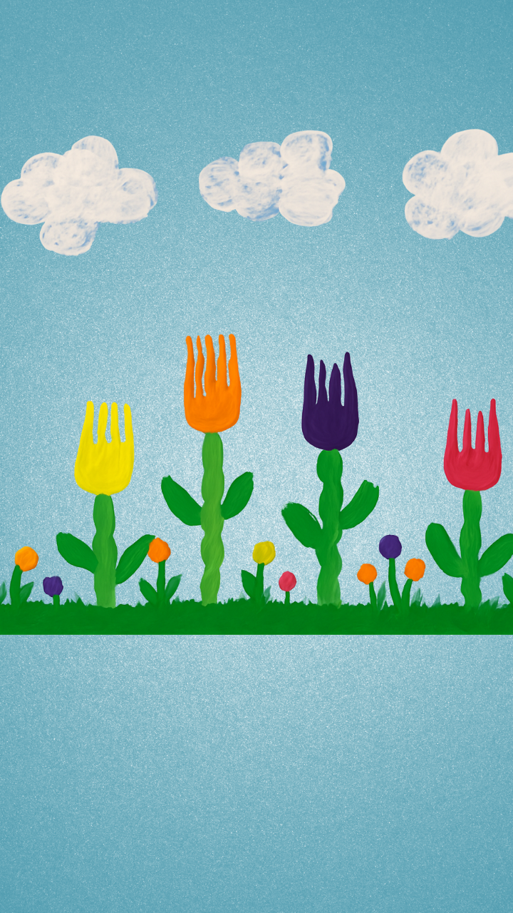 Colorful Fork Painted Tulips With Puffy Cloud Art