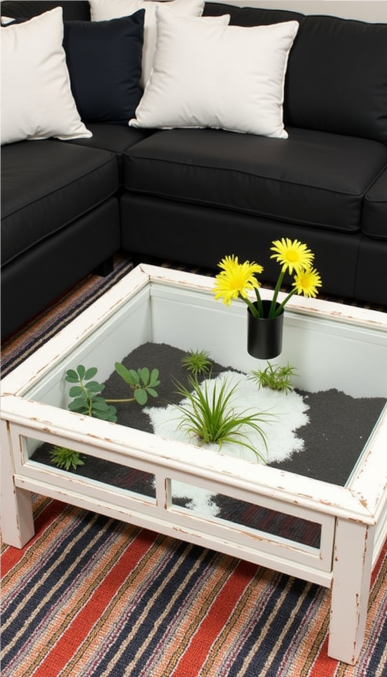 DIY coffee table terrarium with succulents and soil layers