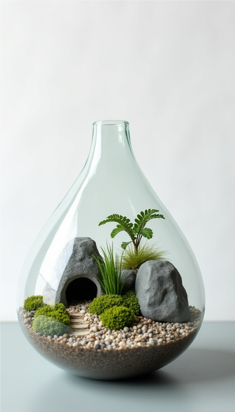 Zen-inspired terrarium with sand, stones, and minimal plants