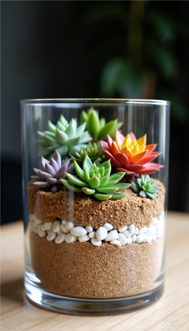Succulent terrarium featuring a variety of colorful plants