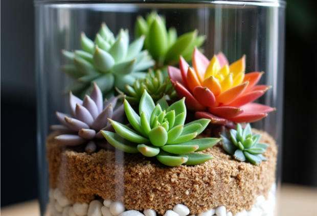Succulent terrarium featuring a variety of colorful plants