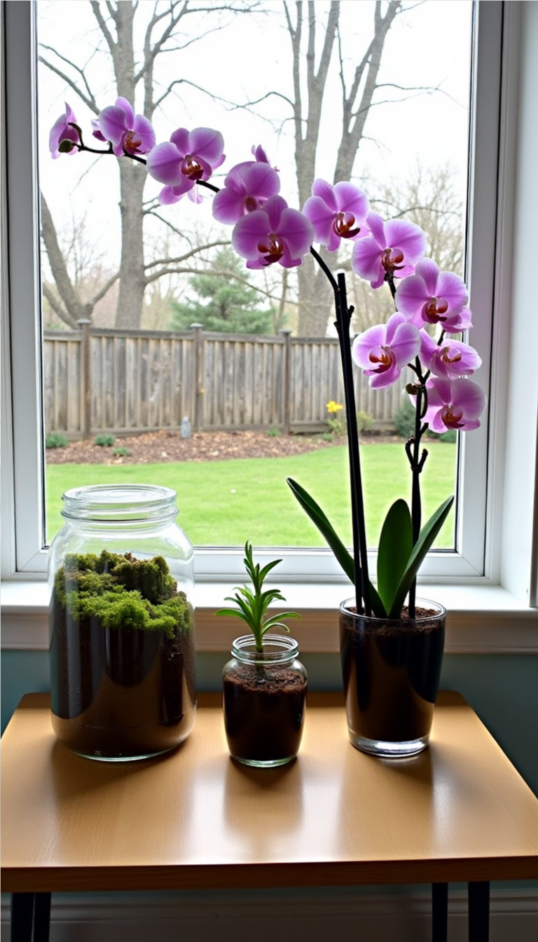 Orchid plant displayed in a decorative glass terrarium