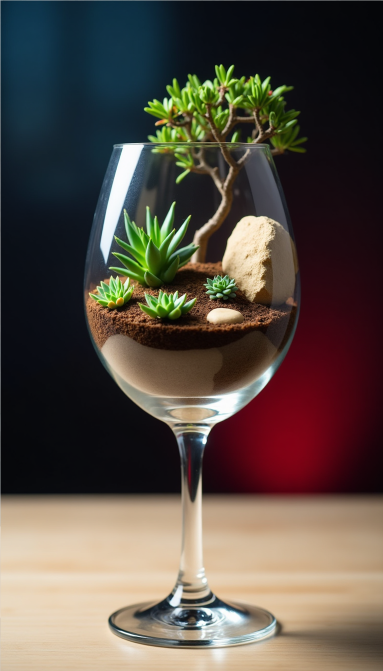Succulent terrarium inside a repurposed wine glass