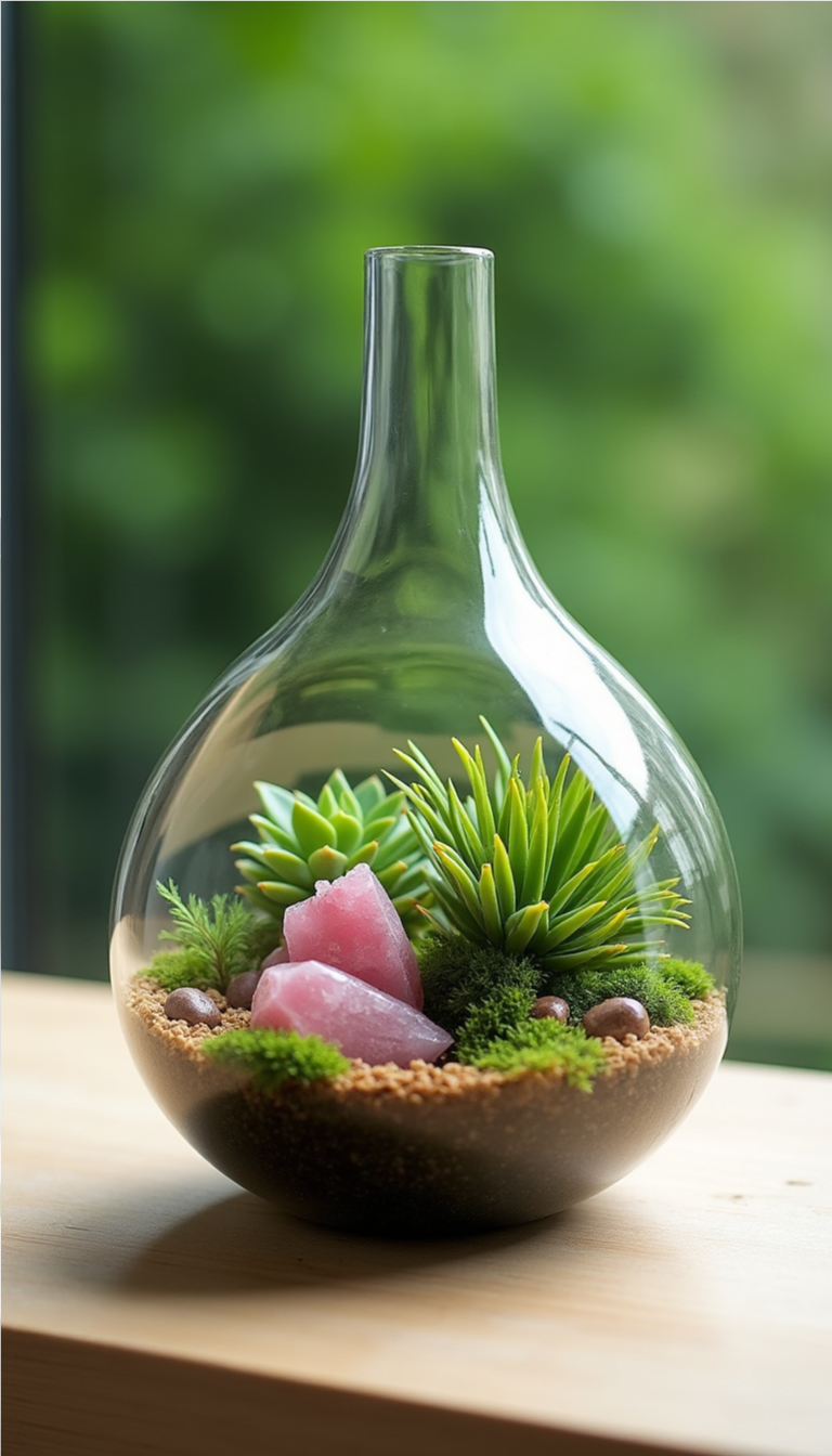 Geode and succulent terrarium in a glass vase with moss and gravel