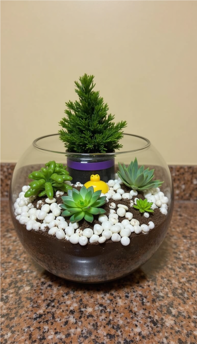 Tropical DIY terrarium with pebbles, moss, and figurines in a glass bowl
