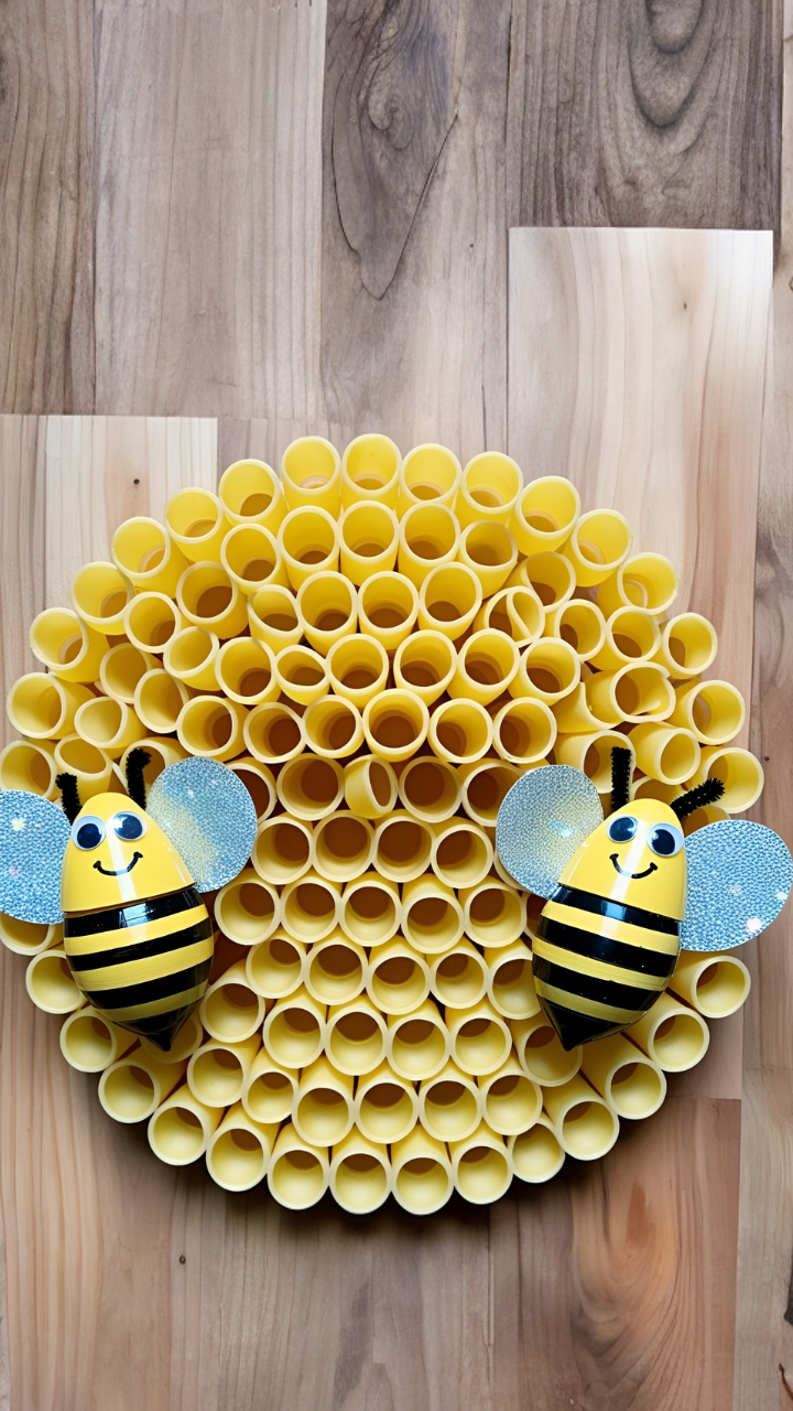 A DIY craft featuring two bee decorations made from yellow plastic eggs with black stripes, googly eyes, and glittery wings, placed on a honeycomb-like structure made of yellow paper tubes, set against a wooden background.