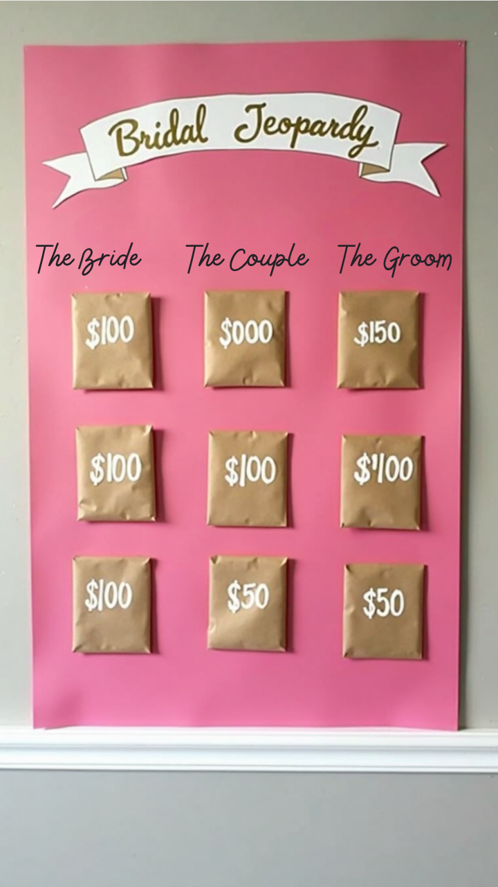 Bridal shower Jeopardy game board with pink and gold theme for a fun trivia-style activity.