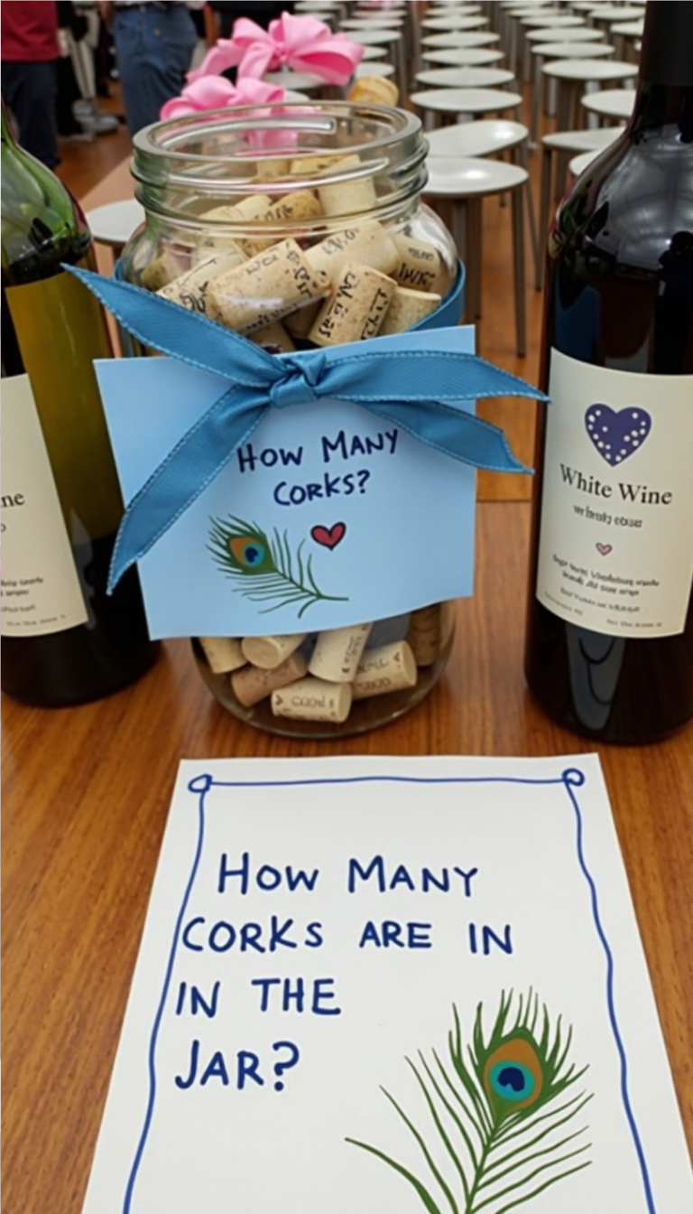 Wine-themed bridal shower game where guests guess how many corks are in a jar.