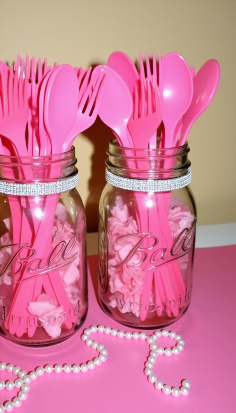 Mason jars with utensils wrapped in pink tissue paper