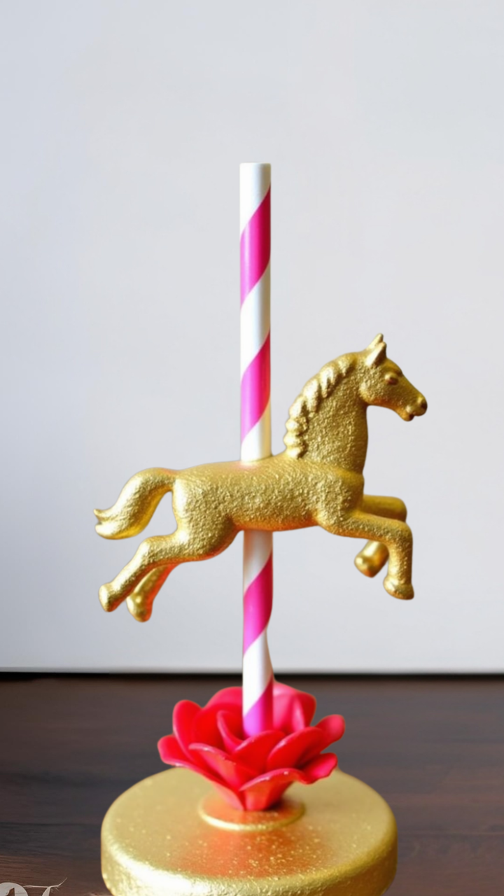 DIY carousel-themed baby shower centerpiece with gold horse and paper straw