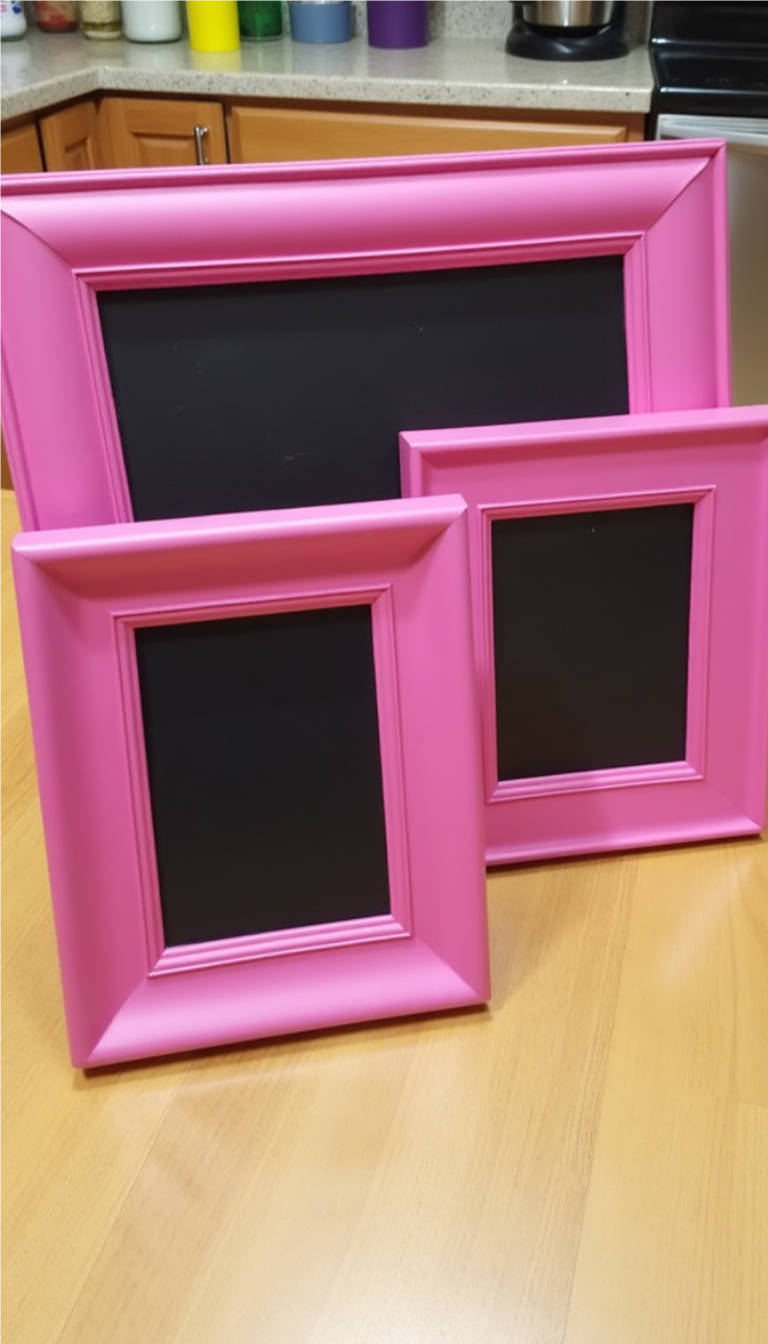 Pink spray-painted dollar store frames with chalkboard centers