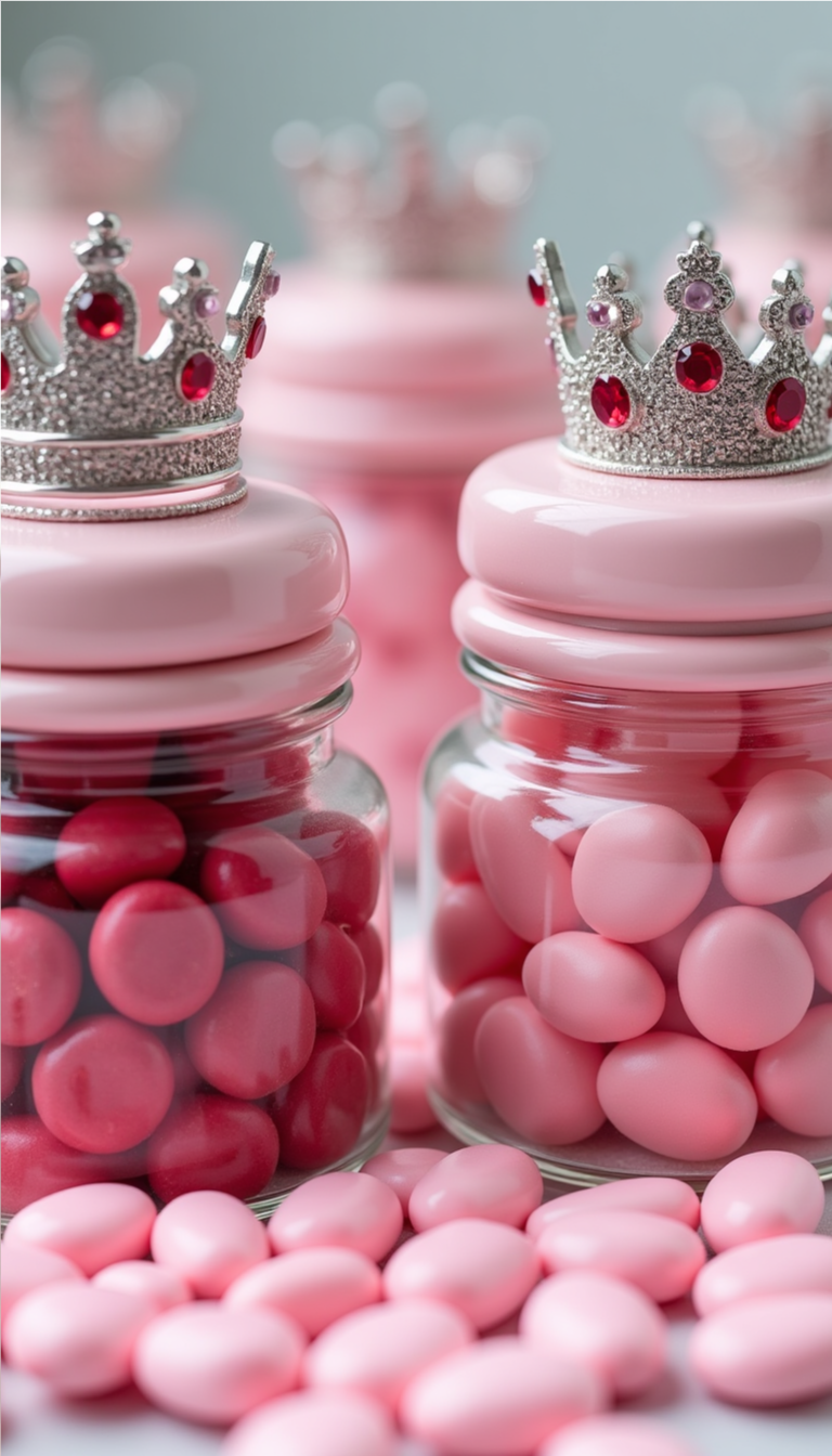 Baby shower candy jars with princess crown lids