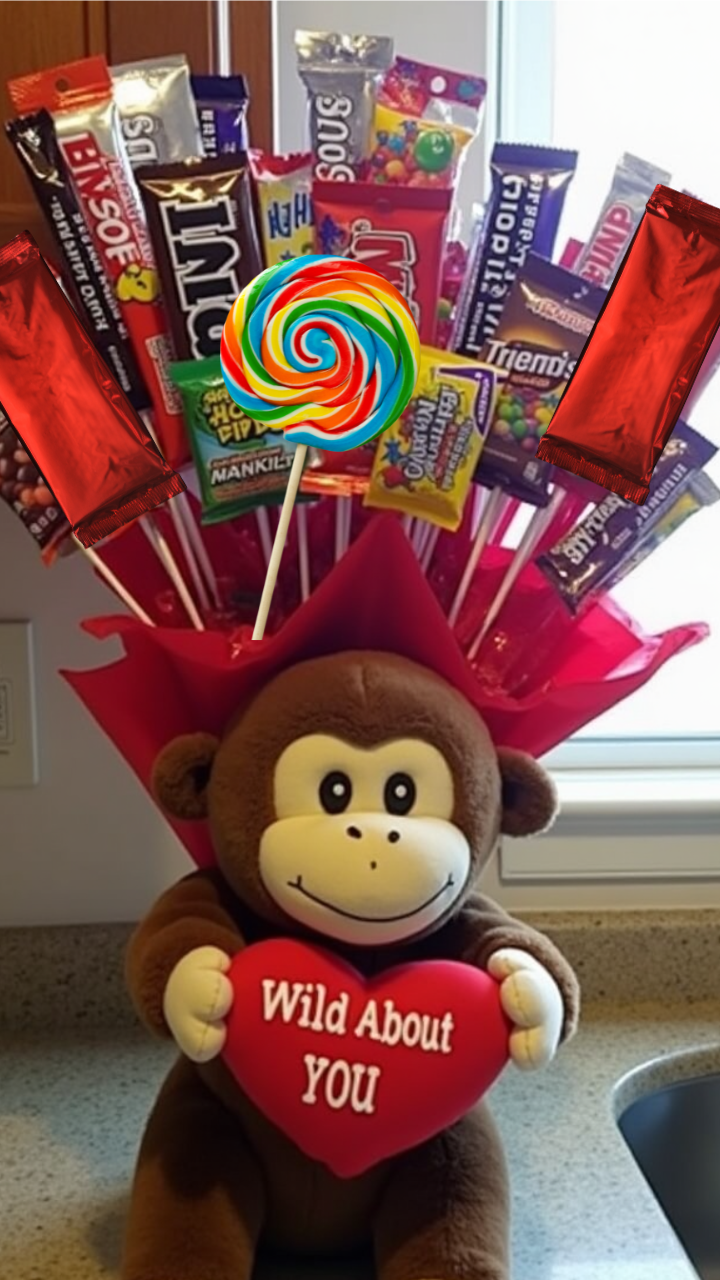 Valentine’s Day candy bouquet with red tissue paper and assorted chocolates