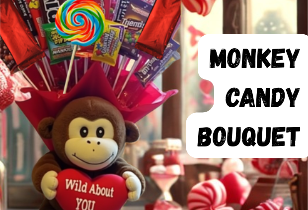 Valentine’s Day candy bouquet with red tissue paper and assorted chocolates
