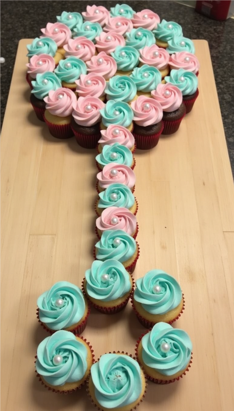 Rattle-shaped pull-apart cupcake cake with pink and blue rose swirl frosting for gender reveal baby shower