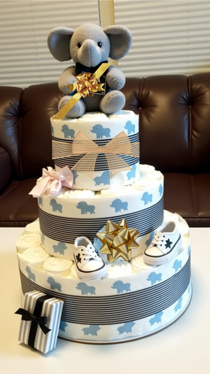 DIY elephant-themed diaper cake with stuffed elephant on top – gender-neutral baby shower gift idea