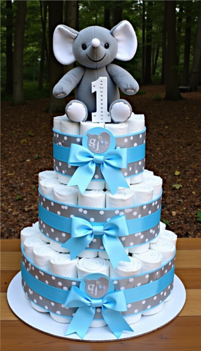 3-tier neutral diaper cake with ribbon and baby essentials for a baby shower