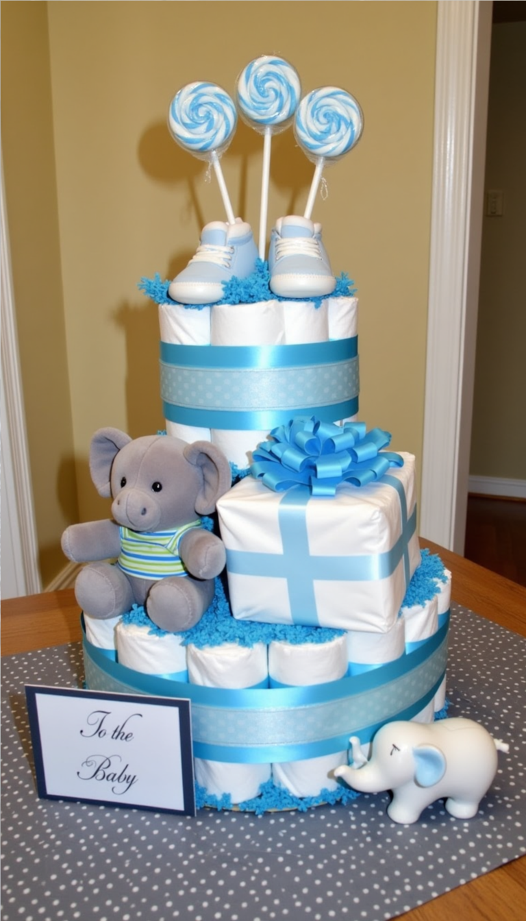Baby boy elephant-themed diaper cake with blue ribbons and plush elephant