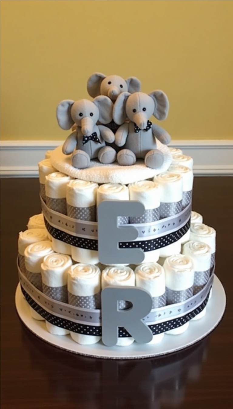 Baby boy elephant diaper cake with coordinated ribbon and toy elephant