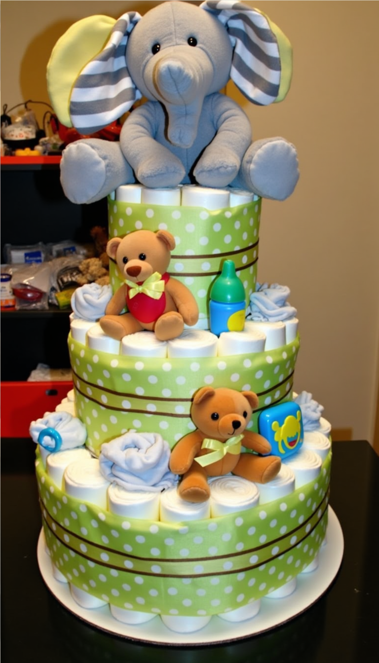 Gender-neutral diaper cake with plush elephant and green ribbon – ideal for surprise baby showers