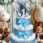 3-tier neutral diaper cake with ribbon and baby essentials for a baby shower