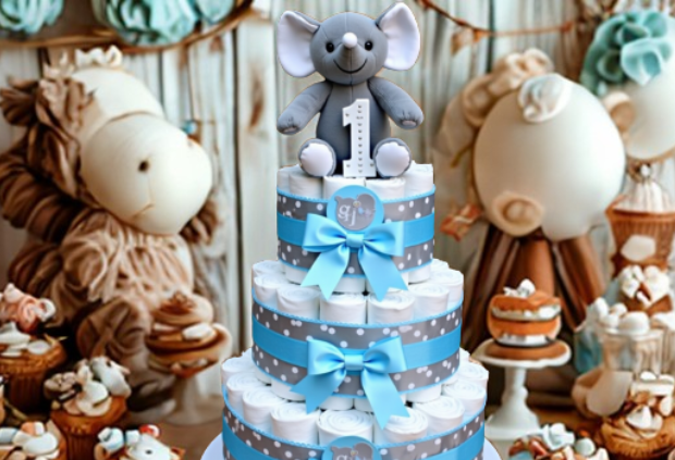 3-tier neutral diaper cake with ribbon and baby essentials for a baby shower