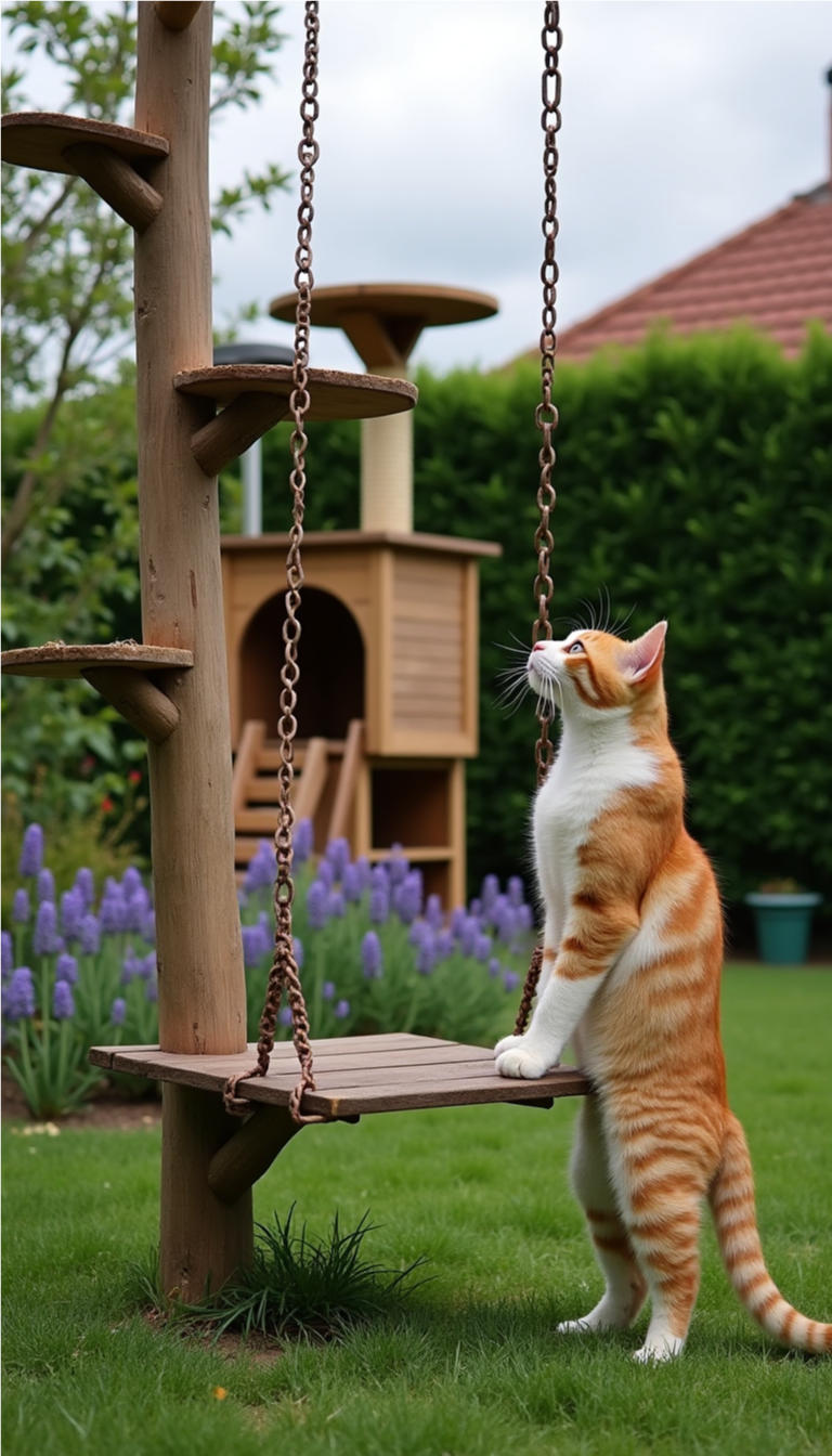 Outdoor cat tree made from wood and rope for backyard playground