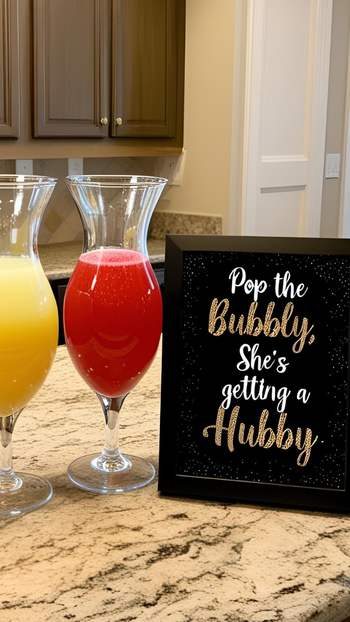 Bridal shower mimosa bar with orange and red juices in carafes and a sign that reads “Pop the Bubbly, She’s getting a Hubby."
