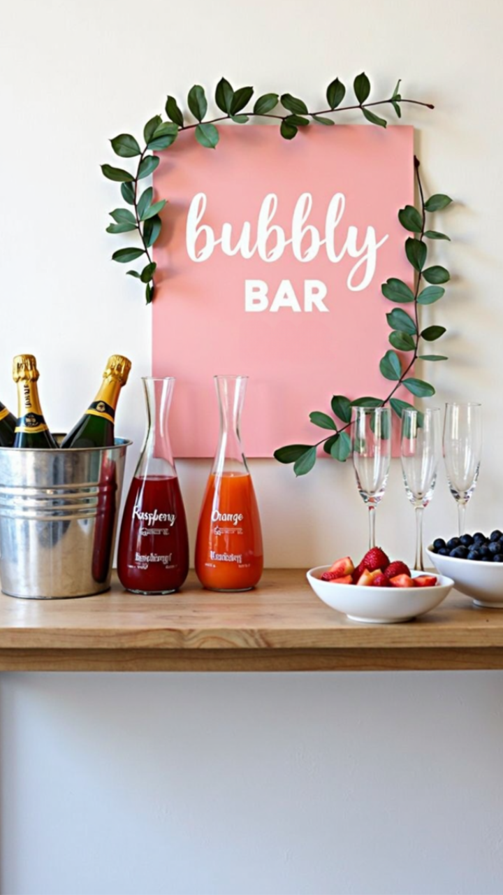 Bridal shower mimosa bar with pink bubbly bar sign, champagne bottles in a metal bucket, carafes of raspberry and orange juice, and bowls of strawberries and blueberries.