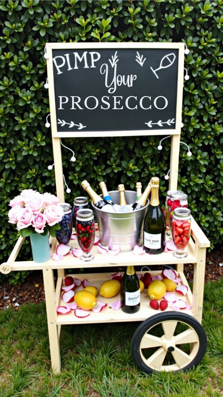 Bridal shower prosecco bar cart with bottles on ice, mason jars of fruit, pink roses, and a chalkboard sign reading "Pimp Your Prosecco".