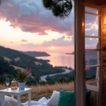 Cozy romantic sunset picnic setup with blankets, pillows, a small white table, and wine overlooking a scenic hillside and ocean view.