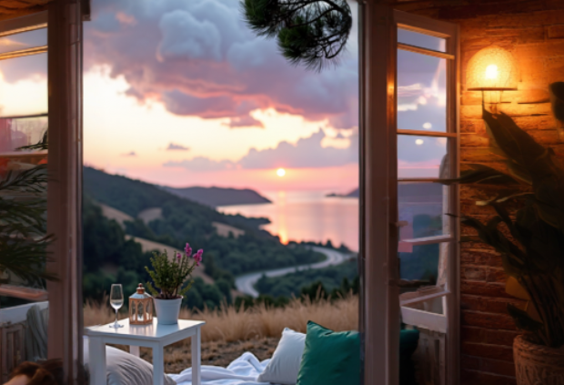 Cozy romantic sunset picnic setup with blankets, pillows, a small white table, and wine overlooking a scenic hillside and ocean view.