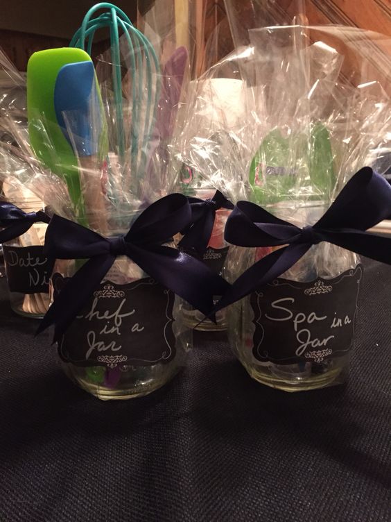 shower prizes bridal wrap cellophane mason jars diy tie kitchen spa bow filled then guest