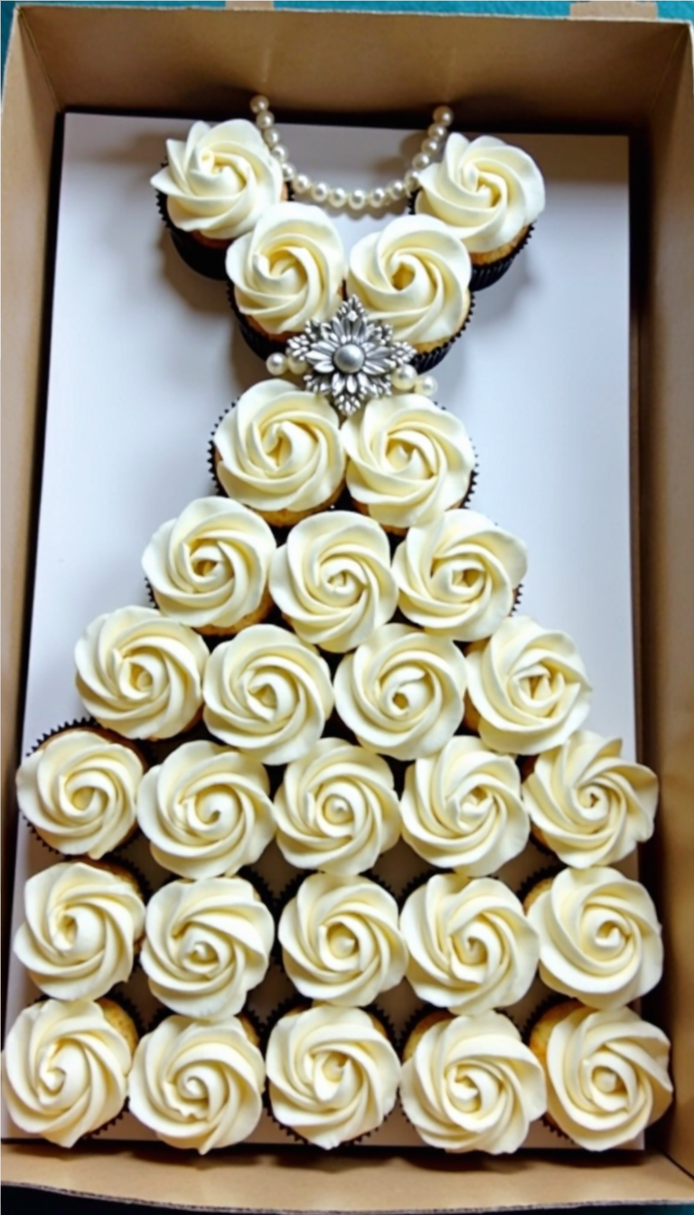 Bridal shower pull-apart cupcake dress cake with pearls and buttercream frosting