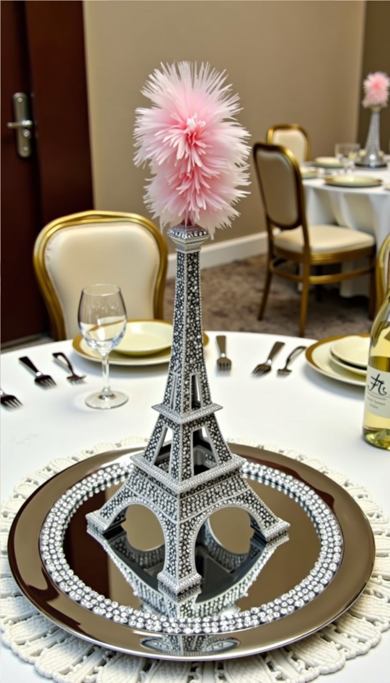 Glam Eiffel Tower centerpiece with diamond wrap ribbon and mirrored base