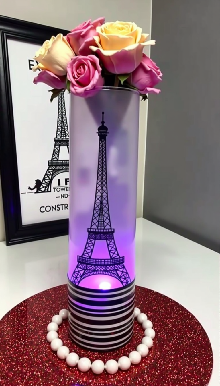 DIY Paris-themed vase centerpiece with Eiffel Tower silhouette, LED glow, and fresh roses on a glitter base