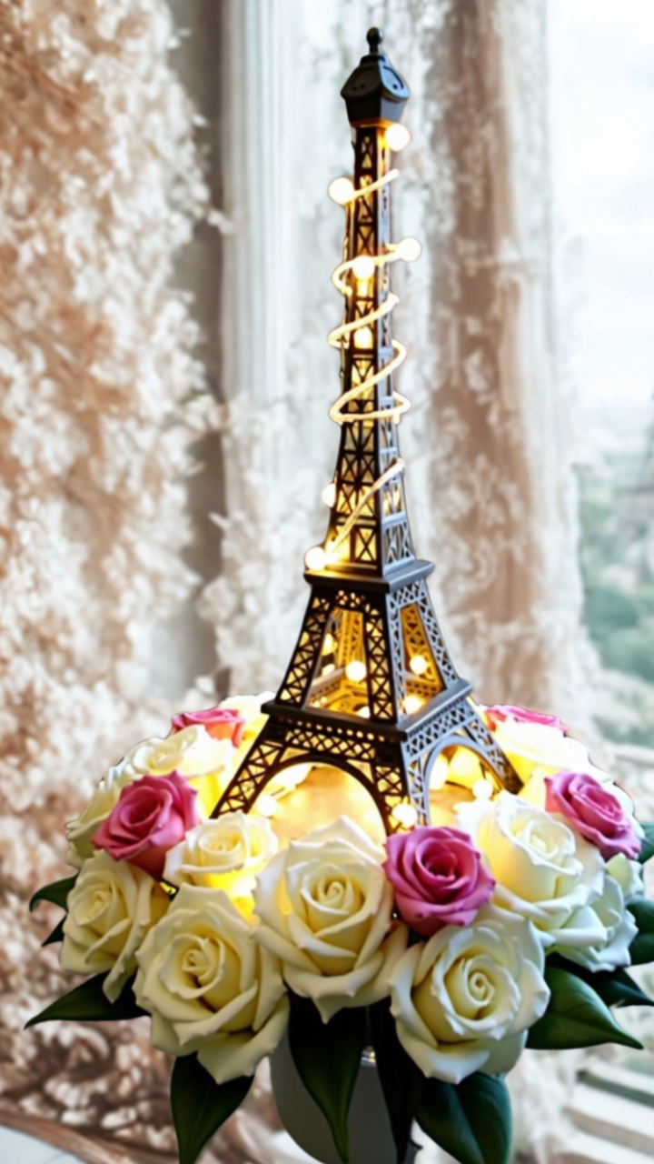 Eiffel Tower party centerpiece wrapped in fairy lights with pink and cream roses at the base