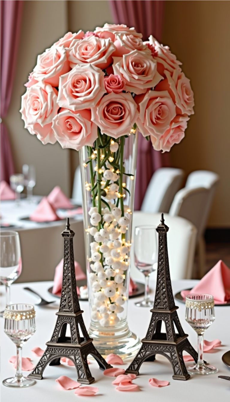 Elegant Paris-themed centerpiece with pink roses, Eiffel Tower statues, and twinkle lights in a tall vase