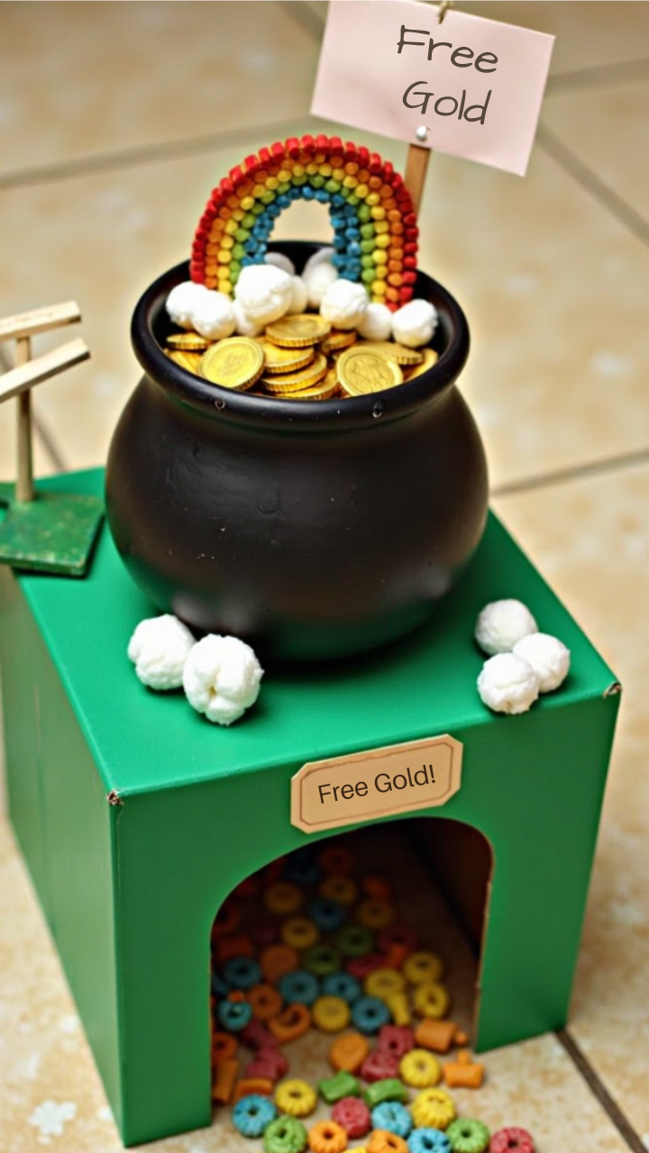 DIY leprechaun trap with rainbow candy, gold coins, and a 'Free Gold' sign—perfect for St. Patrick’s Day fun!