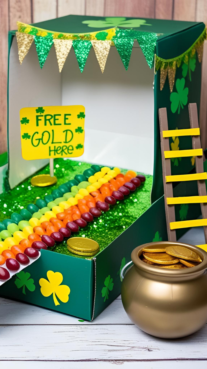 Leprechaun trap craft made from a shoebox with a rainbow path of Skittles candy leading to a pot of gold, decorated with green shamrocks and gold coins for St. Patrick’s Day.
