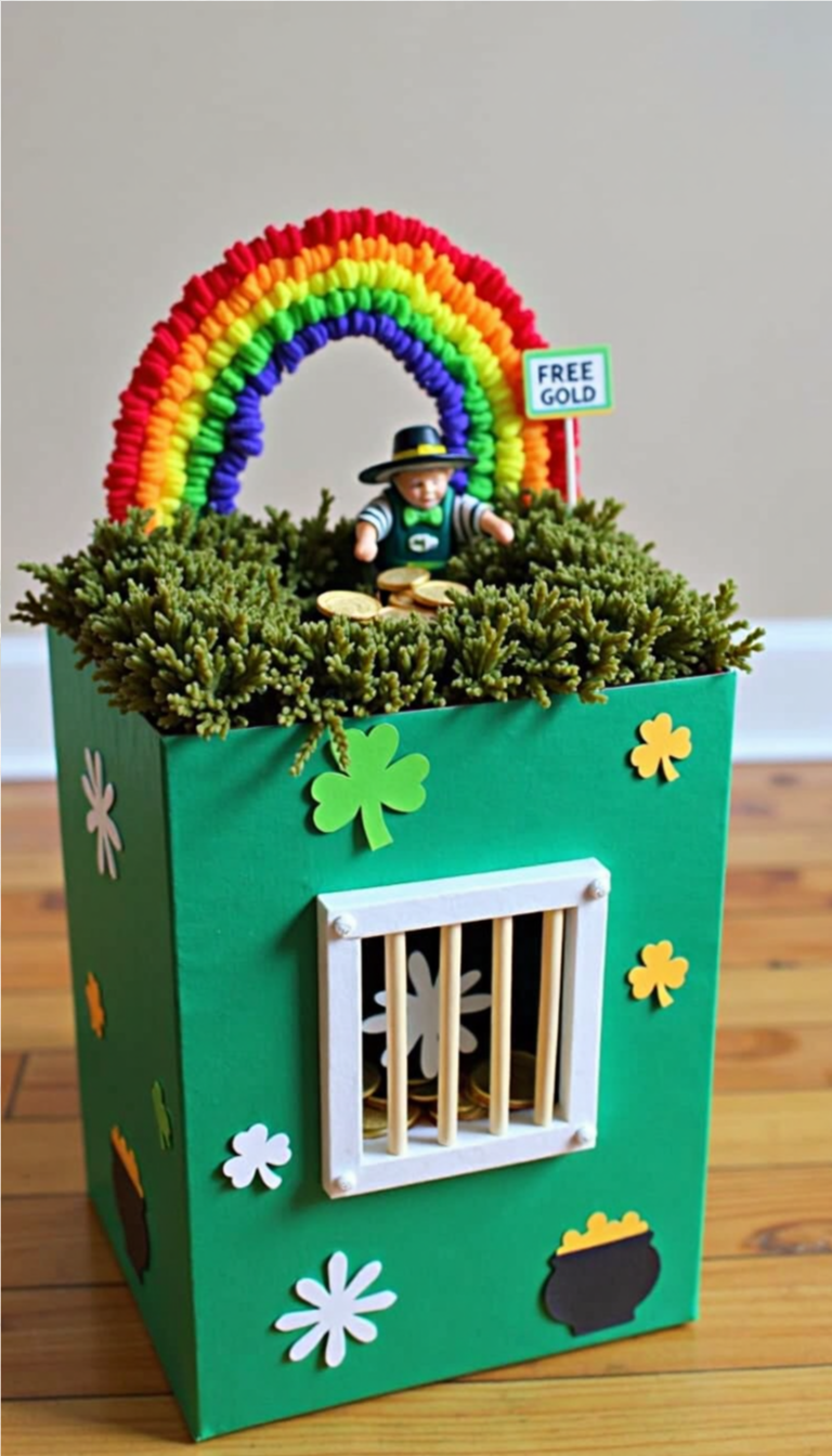 Creative leprechaun trap with rainbow, gold coins, mossy top, and a toothpick cage.
