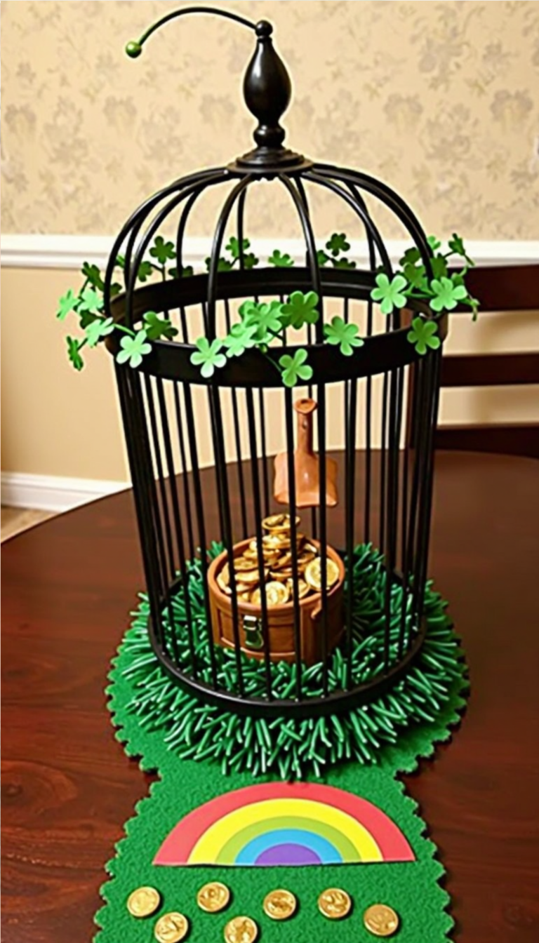 DIY leprechaun trap made from a bird cage