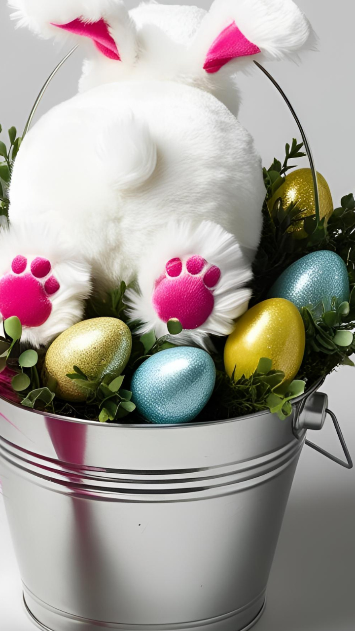 DIY Easter Bunny Planter with Carrots and Plastic Eggs in Galvanized Bucket