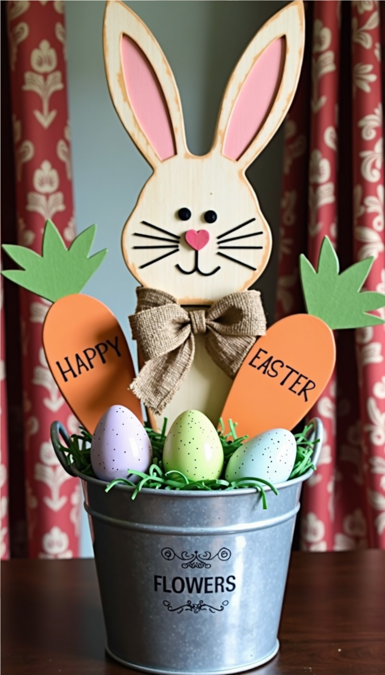 DIY Easter Bunny Planter with Carrots and Plastic Eggs in Galvanized Bucket