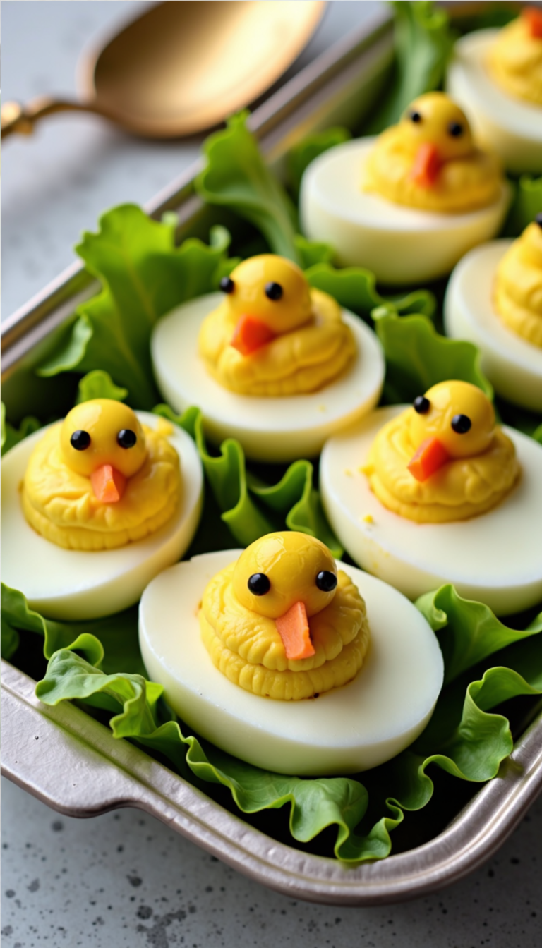Deviled eggs styled to look like Easter chicks"