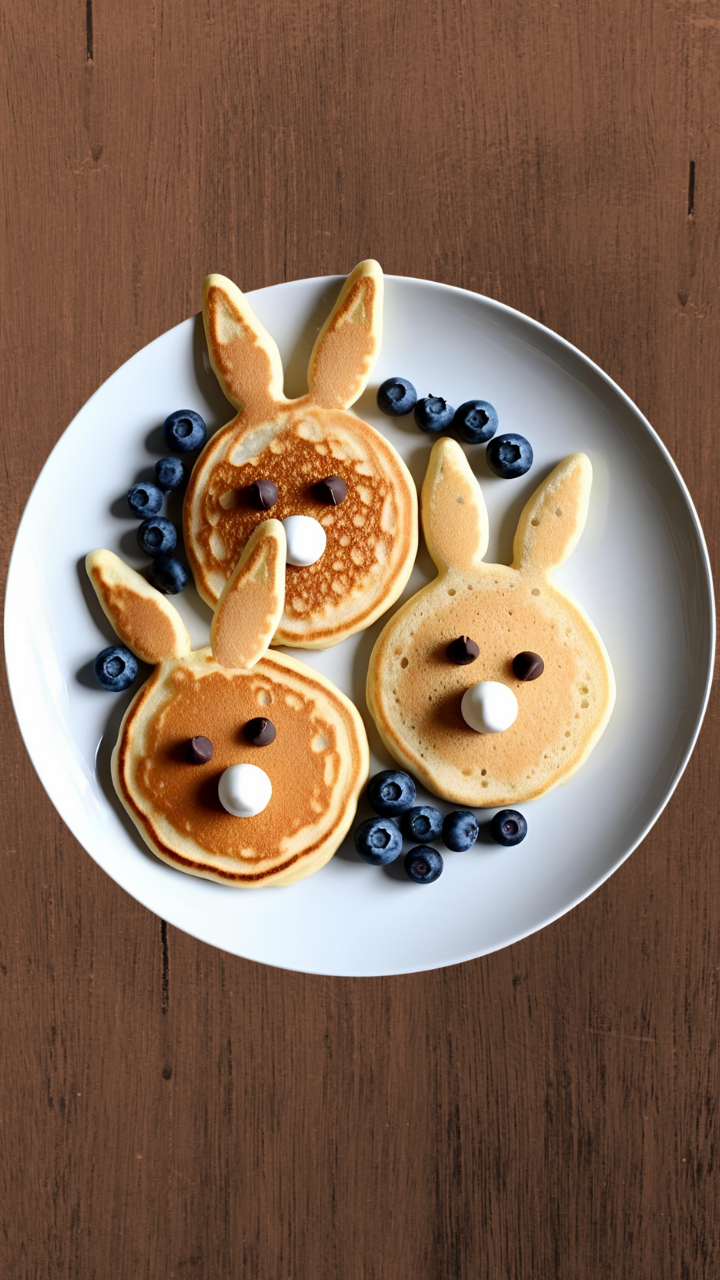 Bunny-shaped pancakes with chocolate chip eyes and blueberries for Easter breakfast