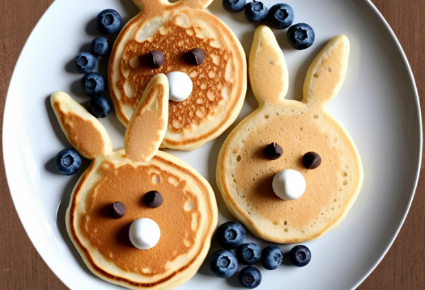 Bunny-shaped pancakes with chocolate chip eyes and blueberries for Easter breakfast