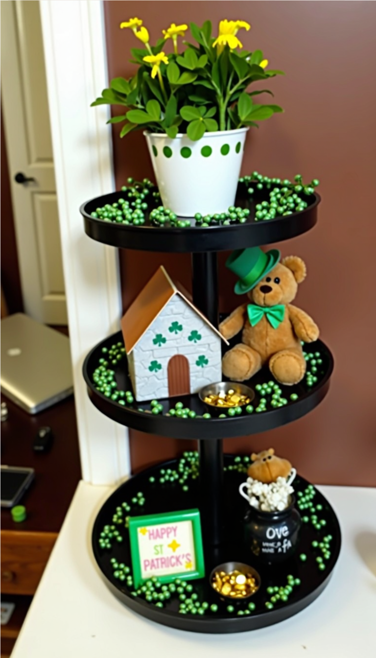 Festive St. Patrick’s Day tiered tray with shamrocks, gold coins, and leprechaun decor.